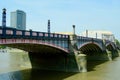 London, UK, July 2019. Westminster Bridge, wide- and low-angle view of the bridge consturctions on a bright day. Royalty Free Stock Photo